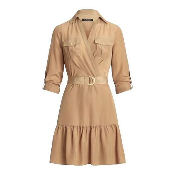 LAUREN RALPH LAUREN Long Sleeve Beige Ruffled Mini Dress Size 8 - Picture 1 of 14